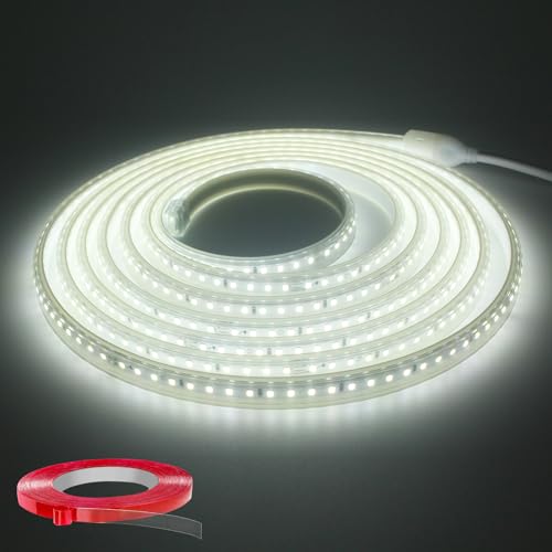 Q.Laomi LED Strip 5M, Sehr Hell LED Streifen 220V 230V Direktanschluss, Wasserdicht IP65 LED Leiste mit Schalter, 6000K LED Lichtleiste für Küche, Badezimmer, Werkbank, LED Band Kaltweiß von Q.Laomi