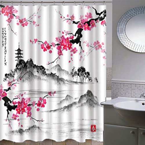 QALEYA Anti-Schimmel Duschvorhänge 180x180 Japan Wasserdicht Waschbar Polyester Stoff Shower Curtain mit 12 Duschvorhangringe für Badewanne Dusche Badezimmer Badvorhang 3D Kirschblüten von QALEYA