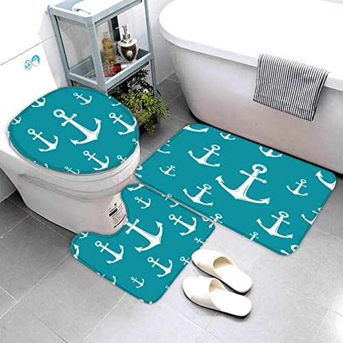 QALEYA Badematten Set 3D Anker Blau 3-teiliges Absorbierend Flanell Badezimmerteppich-Set 50x80cm, Marine Nautisch Badteppich Schnell Trocknend Weich Badvorleger mit WC Deckelbezug von QALEYA