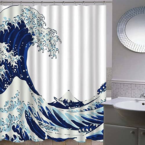 QALEYA Duschvorhang 180x200 Anti-Schimmel Japan Polyester Stoff Badvorhang mit 12 Duschvorhangringen für Dusche Badewanne Badezimmer Die Wellen von QALEYA