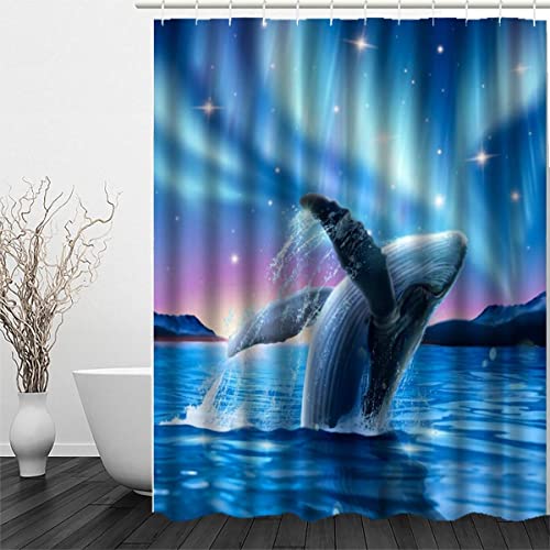 QALEYA Duschvorhang 240x200 Anti-Schimmel Nordlichter Polyester Stoff Badvorhang mit 12 Duschvorhangringen für Dusche Badewanne Badezimmer Wal Natur Wasserdicht Waschbar Shower Curtain von QALEYA