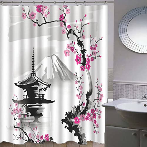 QALEYA Duschvorhang 240x200 Anti-Schimmel Turm Sakura Polyester Stoff Badvorhang mit 12 Duschvorhangringen für Dusche Badewanne Badezimmer Orientalischer Stil Wasserdicht Waschbar Shower Curtain von QALEYA