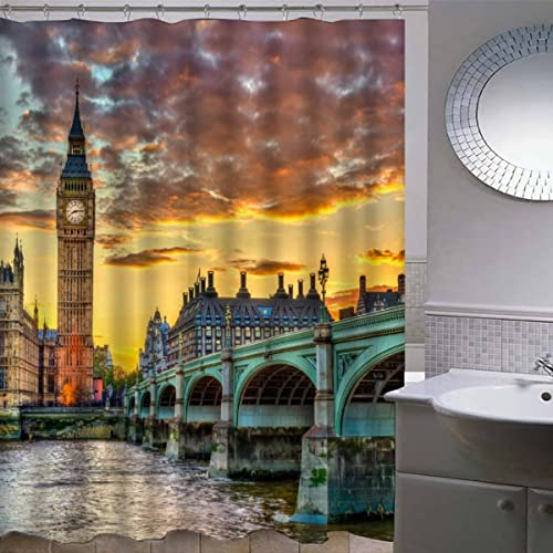 QALEYA Duschvorhang Anti-Schimmel 240x200 Big Ben Anti-Bakteriell Stoff Polyester Badewanne Vorhang Wasserdicht Waschbar Shower Curtain mit 12 Haken Badezimmerzubehör London England Bad Vorhäng von QALEYA