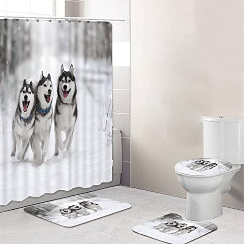 QALEYA Husky Hund Duschvorhang Wasserdicht Anti-Schimmel 180x180 Winterschnee Polyester Stoff Duschvorhänge Badezimmermatte 4-teiliges Set mit 12 Haken für Dusche Badewanne Badezimmer Decor von QALEYA