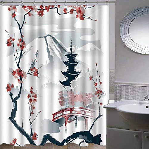 QALEYA Kirschblüten Anti-Schimmel Duschvorhänge 120x180 Wasserdicht Waschbar Polyester Stoff Shower Curtain mit 12 Duschvorhangringe für Badewanne Dusche Badezimmer Badvorhang 3D Japanischer Stil von QALEYA