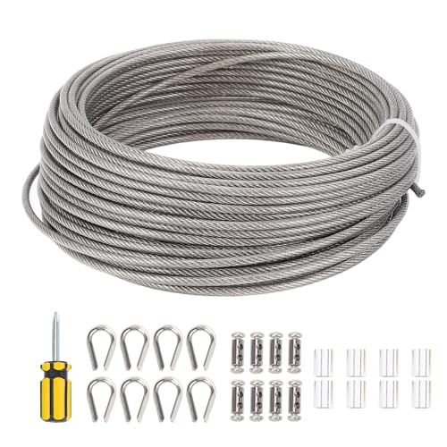 QANYEGN Drahtseil-Kit, Gartenzaun Stahldraht seil, Edelstahl-Drahtschnallens chloss-Kit für Kabel geländer Wäscheleine DIY-Balustraden (66ft Länge 3mm Durchmesser) von QANYEGN