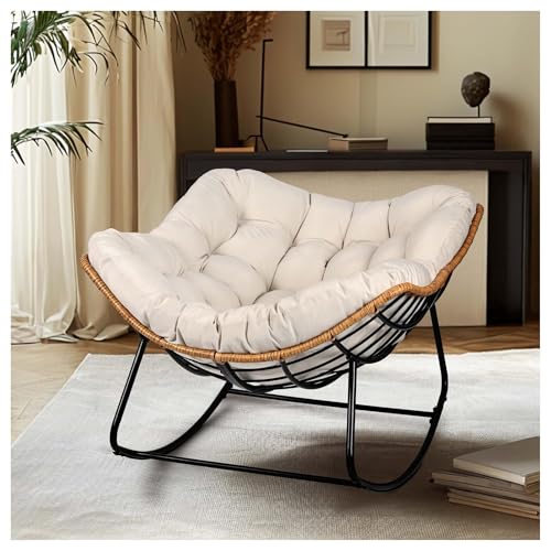 QAQCDAHJI Schaukelstuhl for den Außenbereich in Eierform mit dickem Kissen, moderner Papasan-Schaukelstuhl for den Innenbereich, for Wohnzimmer, Veranda, Garten (weiß)(White) von QAQCDAHJI