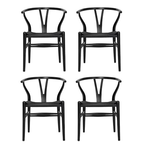 QAQCDAHJI Y-Stuhl (Wishbone Chair), Esszimmerstuhl aus massivem Holz im Mid-Century-Stil mit Armlehne und Hanfsitz (aus Eschenholz – Walnuss) (Eschenholz – Walnuss).(Ash Black,Pack of 4) von QAQCDAHJI