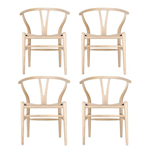 QAQCDAHJI Y-Stuhl (Wishbone Chair), Esszimmerstuhl aus massivem Holz im Mid-Century-Stil mit Armlehne und Hanfsitz (aus Eschenholz – Walnuss) (Eschenholz – Walnuss).(Ash Natural,Pack of 4) von QAQCDAHJI