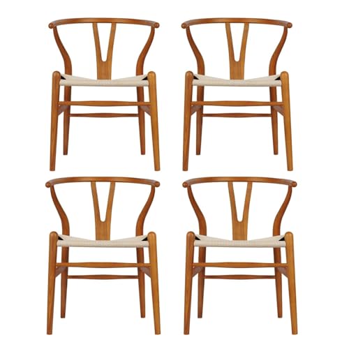 QAQCDAHJI Y-Stuhl (Wishbone Chair), Esszimmerstuhl aus massivem Holz im Mid-Century-Stil mit Armlehne und Hanfsitz (aus Eschenholz – Walnuss) (Eschenholz – Walnuss).(Ash Walnut Color,Pack of 4) von QAQCDAHJI