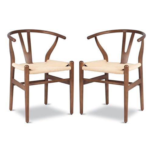 QAQCDAHJI Y-Stuhl (Wishbone Chair) Esszimmerstuhl aus Massivholz im Mid-Century-Stil mit Armlehne und Sitzfläche aus Hanf (Eschenholz – Walnuss).(Walnut,Set of 2) von QAQCDAHJI