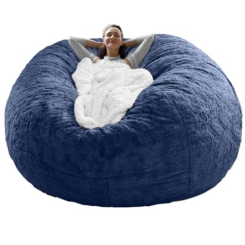 Sitzsack Schonbezug (ohne Füllung) Runde weiche und flauschige PV Samt Schlafsofa Abdeckung, Wohnzimmermöbel, Faule Sofaüberwurf (Braun)(Dunkelblau, 6ft(180cm) Cover) von QAQCDAHJI