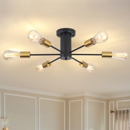 QAREHL Deckenleuchte Schwarz Gold Kronleuchter Modern, 6 Flammig Deckenlampe E27 Fassung Sputnik Lampe für Esszimmer, Schlafzimmer, Flur, Küche von QAREHL