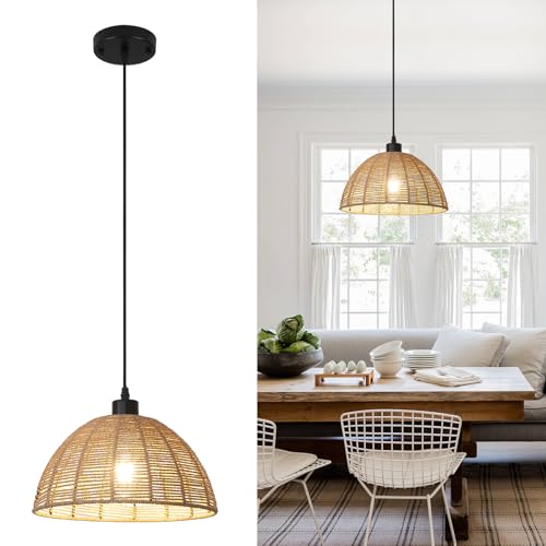 QAREHL Hängelampe Rattan, Pendelleuchte Rattan Lampenschirm Boho Lampe Wohnzimmer Hängeleuchte, E27(Ø30 cm) Boho Deckenlampe für Schlafzimmer Esszimmer Flur Küche von QAREHL