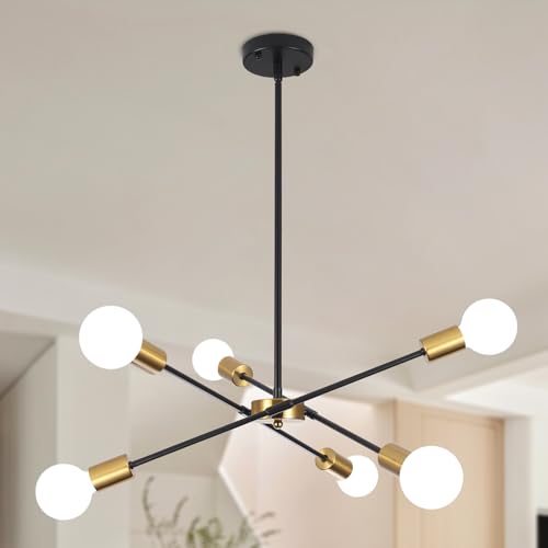 QAREHL Sputnik Lampe Kronleuchter Modern, Kronleuchter Schwarz Gold 6 Flammig Wohnzimmerlampe Hängend für Esstisch, Schlafzimmer, Küche, Flur, E27, Höhenverstellbar von QAREHL