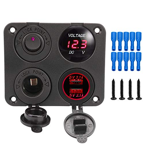 QASULER 12V 4 In 1 Car Charger Dual USB Charger Voltmeter Lighter ON-OFF Switch, for Ship Marine RV Auto Truck Camper Vehicles Marine-Schalter(Red) von QASULER