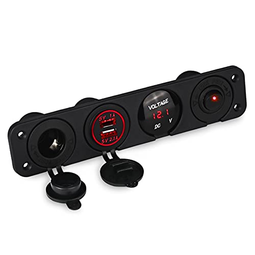 QASULER 4-Loch-Panel-Basis, Dual-USB-Voltmeter, Steckdose, Zigarettenanzünder-Schalter, for Auto-LKW-Boot-Zubehör-Schalterpanel Marine-Schalter(Red) von QASULER