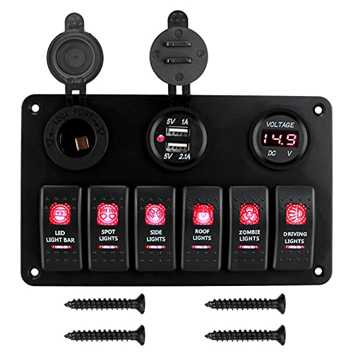 QASULER DC 12 V 24 V Digitalvoltmeter 6-Gang-Wippschalterfeld mit zwei USB-Anschlüssen, for Leistungsschalter im Auto, wasserdicht, Ein-/Aus-Lichter Marine-Schalter(Red) von QASULER