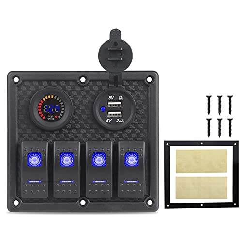 QASULER For 12v 24V Auto Boot Wippschalter Panel Digital Voltmeter Dual USB Ladegerät 4 Gang Wippschalter Marine Schalter Panel Circuit Breaker Marine-Schalter(Blue) von QASULER