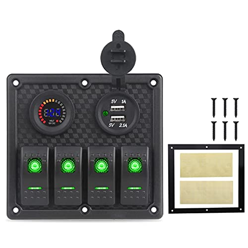 QASULER For 12v 24V Auto Boot Wippschalter Panel Digital Voltmeter Dual USB Ladegerät 4 Gang Wippschalter Marine Schalter Panel Circuit Breaker Marine-Schalter(Green) von QASULER
