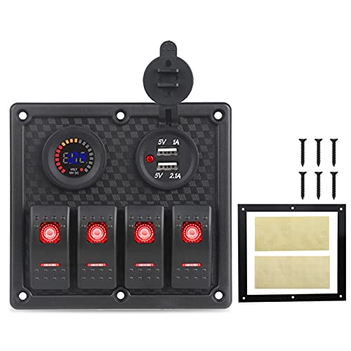 QASULER For 12v 24V Auto Boot Wippschalter Panel Digital Voltmeter Dual USB Ladegerät 4 Gang Wippschalter Marine Schalter Panel Circuit Breaker Marine-Schalter(Red) von QASULER