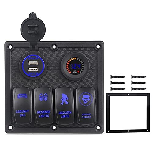 QASULER Marine-Boot-Schalterfeld 4-fach mit Voltmeter-Buchse 4,2 A Dual-USB-Ladegerät, for Autolicht An Aus Wippschalterfeld Auto Boot Marine-Schalter(Blue) von QASULER