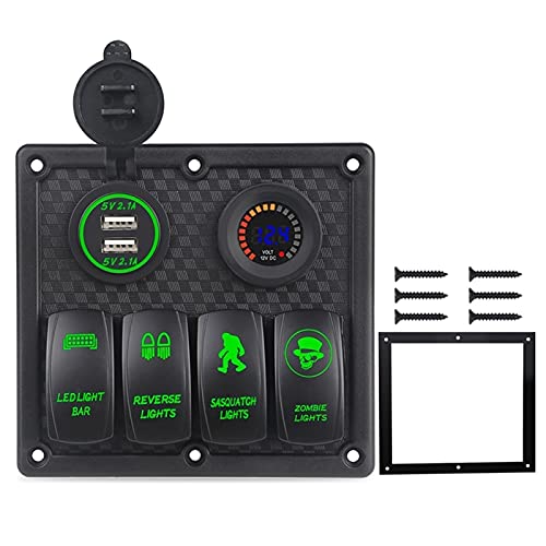 QASULER Marine-Boot-Schalterfeld 4-fach mit Voltmeter-Buchse 4,2 A Dual-USB-Ladegerät, for Autolicht An Aus Wippschalterfeld Auto Boot Marine-Schalter(Green) von QASULER