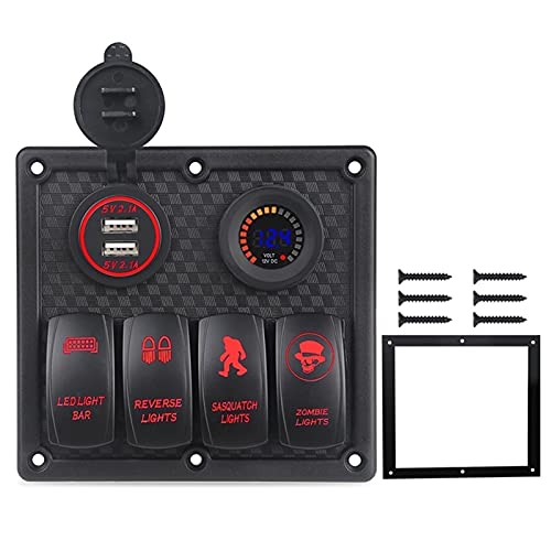 QASULER Marine-Boot-Schalterfeld 4-fach mit Voltmeter-Buchse 4,2 A Dual-USB-Ladegerät, for Autolicht An Aus Wippschalterfeld Auto Boot Marine-Schalter(Red) von QASULER