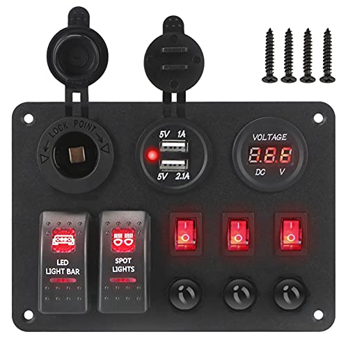 QASULER Zwei USB-Anschlüsse mit Überlastschutz, for Auto-Marine-RV-Leistungsschalter, digitales Voltmeter, 2 + 3 Wippschalterfeld Marine-Schalter(Red) von QASULER