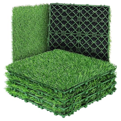 QAUUCP Ineinandergreifende Grasfliesen Künstliche Grasfliesen, ineinandergreifendes Rasendeck, Synthetisches Kunstgras, selbstentleerende Matte, Bodenbelag, Dekor(4 PCS) von QAUUCP