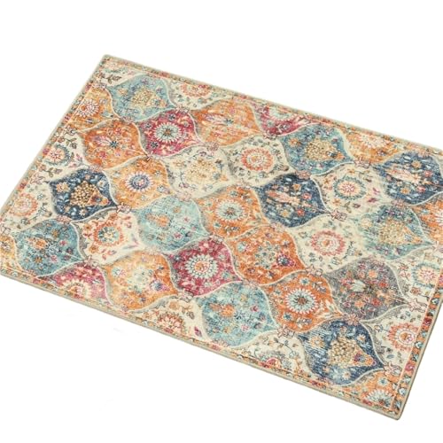 QAUUCP Vintage Teppich Trellis Waschbarer Teppich, Küchenteppiche for Eingangsbereich und Badezimmer, rutschfeste Matte, ultradünn, Kleiner orientalischer Überwurfteppich für(Color1,60x90CM) von QAUUCP