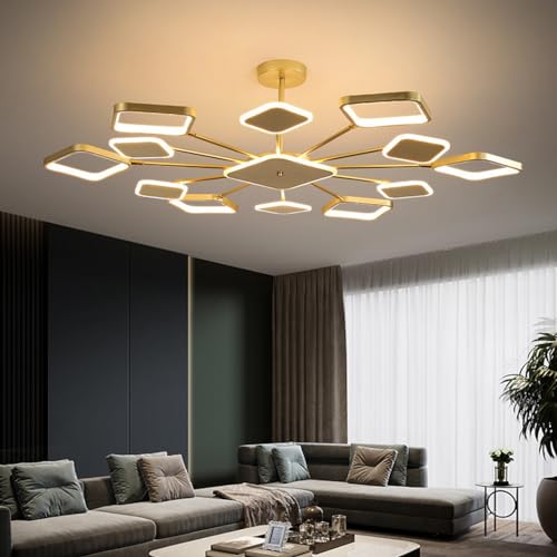 QAZPLM Moderner LED-Kronleuchter Kronleuchter Wohnzimmer Kronleuchter mit Fernbedienung Kronleuchter mit vielseitiger Form Schlafzimmer, Flur, Wohnzimmer Deckenleuchte-120cm (A - Gold)… von QAZPLM