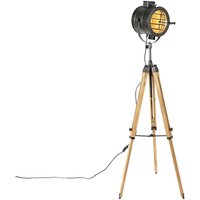 Dreibein-Stehlampe schwarz mit Holz-Studiospot - Radient Dreibein-Stehlampe schwarz mit Holz-Studiospot - Radient von QAZQA