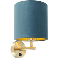 Enge Wandlampe Gold mit blauem Samtschirm - Matt von QAZQA