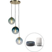 Intelligente Hängelampe Messing inkl. 3 WiFi ST64 mit blauem Glas - Pallon von QAZQA