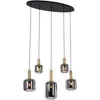 Qazqa - Smarte Pendelleuchte Schwarz mit Gold und Rauchglas Oval 5-Licht inkl. 5 Wifi G95 - Zuzanna von QAZQA