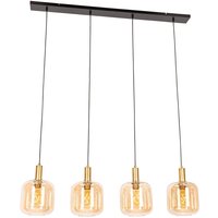Smarte Pendelleuchte Schwarz mit Messing und bernsteinfarbenem Glas 4-flammig inkl. 4 Wifi G95 - Zuzanna von QAZQA