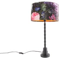 Tischlampe schwarz 35 cm Veloursschirm Blumenmuster - Pisos von QAZQA