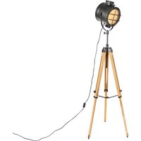 Dreibein-Stehlampe schwarz mit Holz-Studiospot - Glänzend von QAZQA
