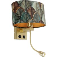 Wandleuchte Messing mit ovalem Samtschirm Blattdesign 25cm - Brescia Combi von QAZQA