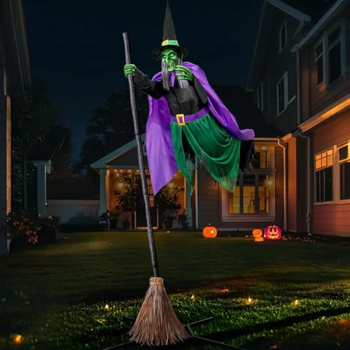 1,8 m schwebende animatronische Hexe mit Besen Halloween-Requisite Outdoor-Dekor Sound und Bewegung aktivierte gruselige Dekoration von QAZXDRFG