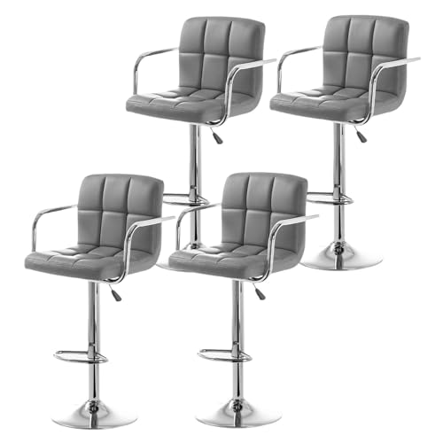 4 Stück 360° drehbare Barhocker, ergonomisch verstellbare Barstühle mit quadratischer, dicker Rückenlehne und Armlehne, moderne Barhocker aus Metall mit Fußstütze für Kücheninsel und Café, grau von QAZXDRFG