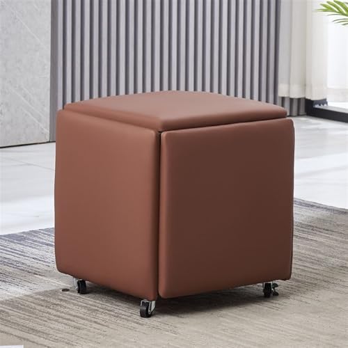 5-in-1-Sitzwürfel-Fußhocker, quadratische Ottomanenbank aus Leder, ineinander stapelbarer Ottomanenhocker mit Rädern, beweglicher Frisiertischstuhl für das Wohnzimmer, langlebig (braun, groß) von QAZXDRFG