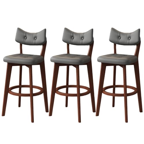 Barhocker 3er-Set, Kücheninselhocker aus Eichenholz mit geschwungener Rückenlehne und dickem quadratischem Kissen, moderne 28-Zoll-Barhocker mit runder Fußstütze für Esszimmer und Café, Braun + von QAZXDRFG