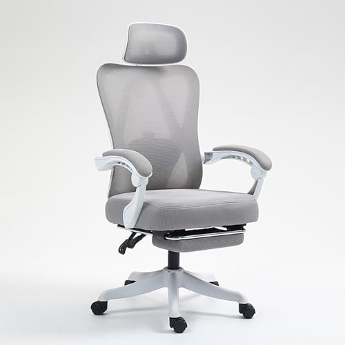 Ergonomischer Computerstuhl aus Netzgewebe, Home-Office-Stuhl mit Armlehnen und Fußstütze zur Lordosenstütze, um 360 ° drehbarer, verstellbarer Arbeitsstuhl mit hoher Rückenlehne A-灰色 21.8in*21.8 von QAZXDRFG