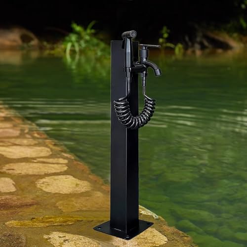 Freistehende Garten-Wassersäule, für den Außenbereich, Edelstahl, vertikaler Frostschutzhahn mit Wasserhahn und Spritzpistole für Bewässerung und Brunnen, Schwarz (Höhe: 95 cm) von QAZXDRFG