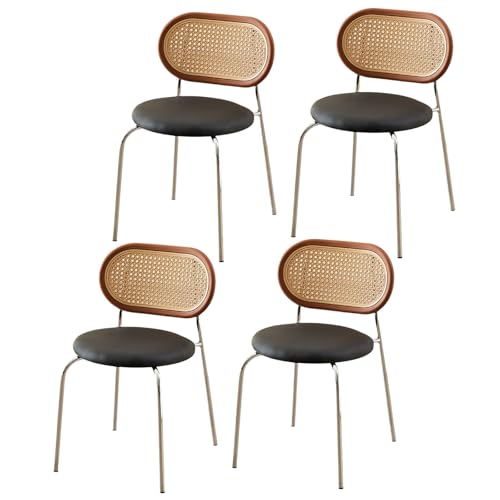 Modernes Esszimmerstuhl-Set im Landhausstil, 4er-Set, ergonomisch gestaltete Stühle ohne Armlehnen mit geschwungener Rattan-Rückenlehne, stapelbare Polsterstühle mit Beinen aus Karbonstahl für K von QAZXDRFG