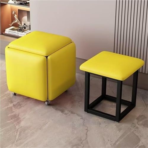 QAZXDRFG 5-in-1-Ottoman-Würfelhocker-Set aus Leder, stapelbare Sofastühle mit Lenkrollen, beweglicher Fußhocker, Frisiertisch, praktisch (gelb, klein) von QAZXDRFG
