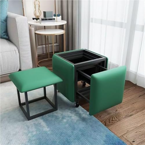 QAZXDRFG 5-in-1-Ottoman-Würfelhocker-Set aus Leder, stapelbare Sofastühle mit Lenkrollen, beweglicher Fußhocker, Frisiertisch, praktisch (grün, klein) von QAZXDRFG
