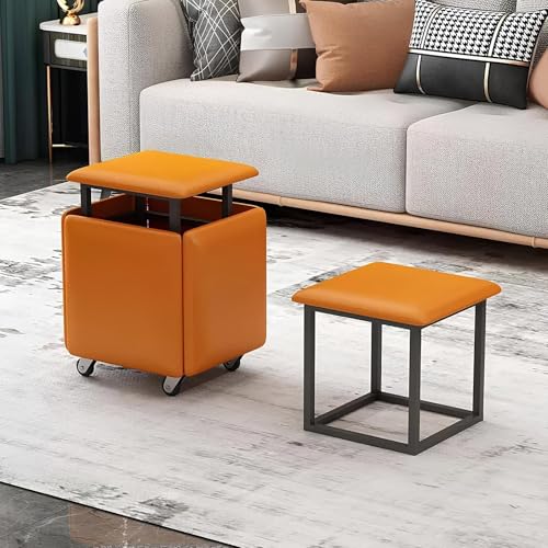 QAZXDRFG 5-in-1-Ottoman-Würfelsessel, stapelbarer Lederhocker mit Stauraum und Rollen, Fußhockerbank für Kammer-Wohnzimmer, praktisch (Orange, 45 x 45 x 45 cm) von QAZXDRFG